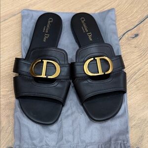 Authentic pre loved Dior Black Leather Slides with Gold CD Emblem